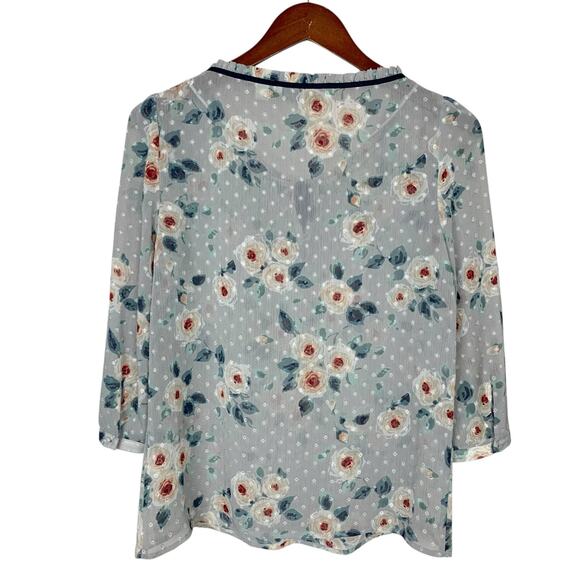 LC Lauren Conrad Blouse Grey Floral Top Neck Tie Swiss Dot Women's XS - Picture 4 of 6